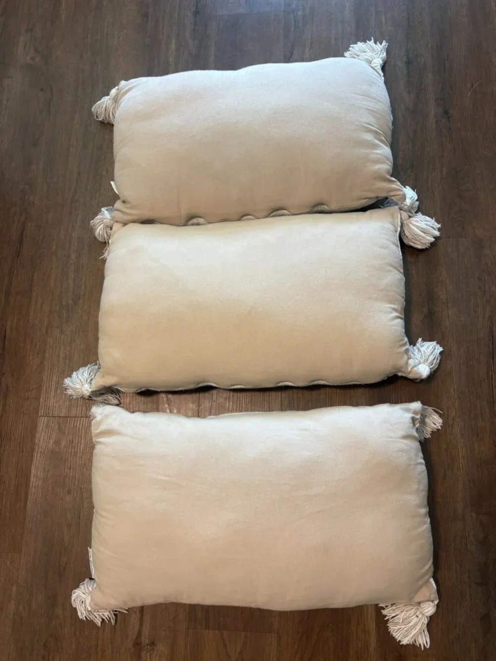 Set of 3 Neutral Boho Lumbar Pillows Cream Woven Tassels 22x13